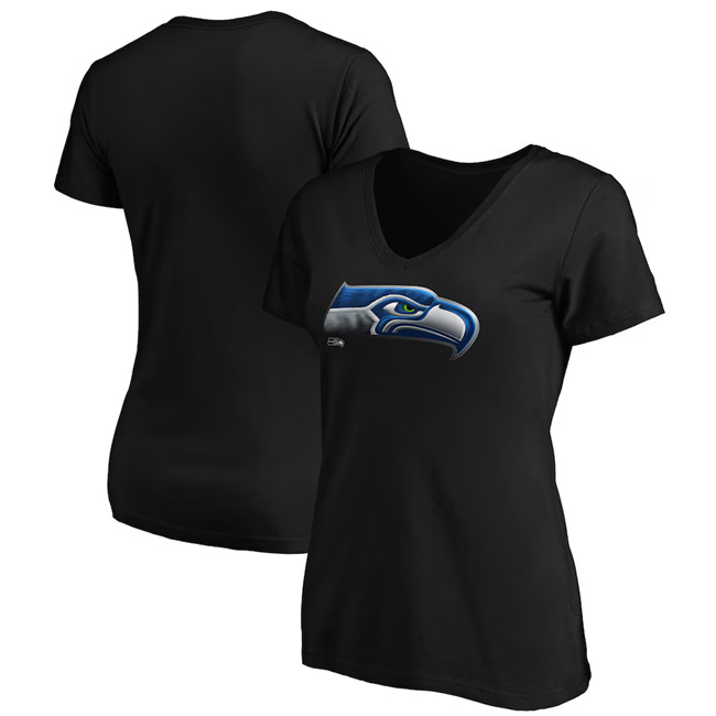 Women's Seattle Seahawks Black Midnight Mascot Logo V-Neck T-Shirt(Run Small)
